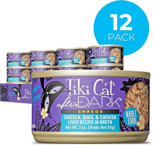 Tiki Cat After Dark Shreds Wet Cat Food, Chicken, Quail & Chicken Liver, 3 oz. Can (12 Count)