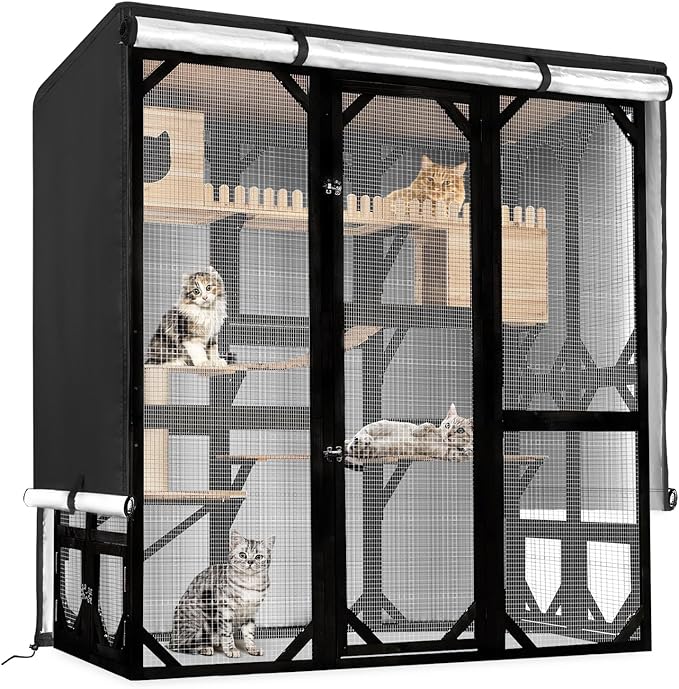 Catio Cover,73"L x 40"W x 73"H Cover for Catio Outdoor Cat Enclosure Waterproof, 420D Cat Cage Covers for FunXplore Large Cats Catios, Outdoor Cats Enclosure Covers(Black)(Catios Not Included)
