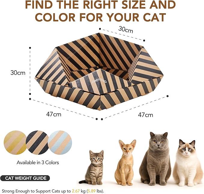 PETNOVO Foldable Cat Bed & House for Travel – Origami Cardboard Cat House with Built-in Honeycomb Scratcher Pad, No-Tools Assembly, FSC-Certified Recyclable, Black, 18.5" L x 18.5" W x 11.8" H