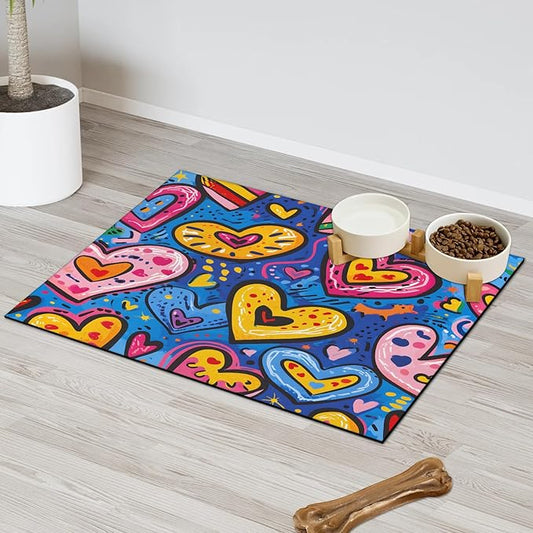 Colorful Love Dog Food Mat for Floors Absorbent, Quick Dry Water Dispenser Mat for Food, Water, Pet Supplies 12" x 20", Heart