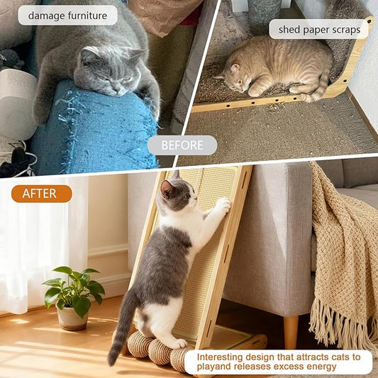 Sisal Cat Scratcher L Shaped for Indoor Cats,23.6in Cats Scratching Post Climbing Vertical Ramp Scratching Board for Wall,Natural Sisal Cat Scratch Pad,Solid Wooden Modern Cat Furniture