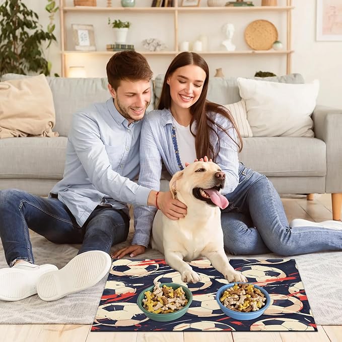 American Football Dog Food Mat for Floors Absorbent, Quick Dry Water Dispenser Mat for Food, Water, Pet Supplies 24" x 32", Soccer Ball