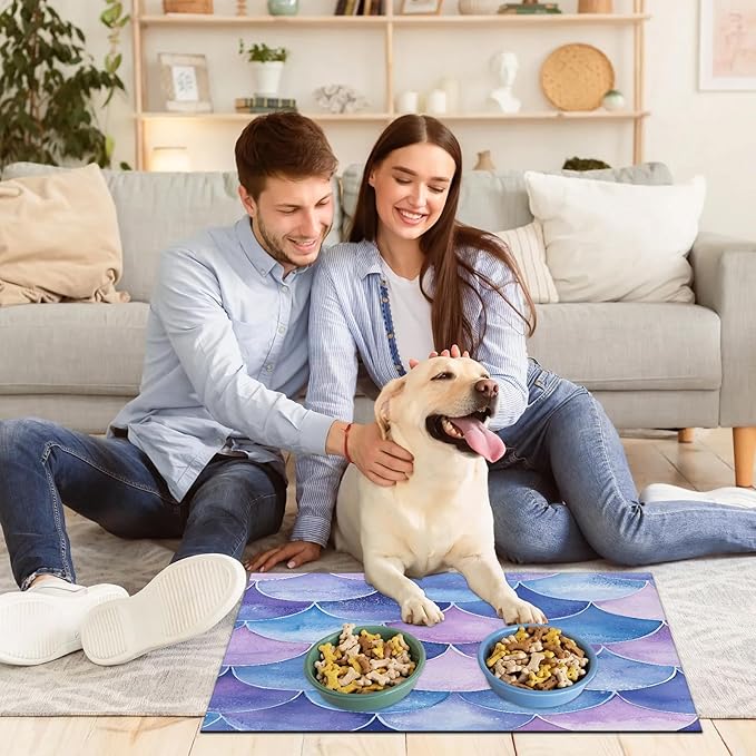 Mermaid Scales Dog Food Mat for Floors Absorbent Dog Bowl Mat for Food and Water Dispenser Quick Dry Cat Food Placemat Pet Supplies 12" x 20", Blue Purple Ocean