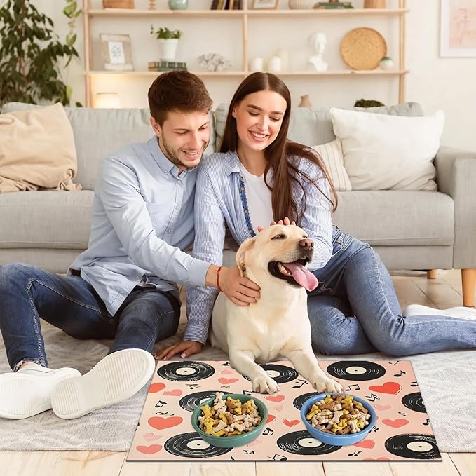 Music Records Dog Food Mat for Floors Absorbent Dog Bowl Mat for Food and Water Dispenser Quick Dry Cat Food Placemat Pet Supplies 12" x 20", Black Note