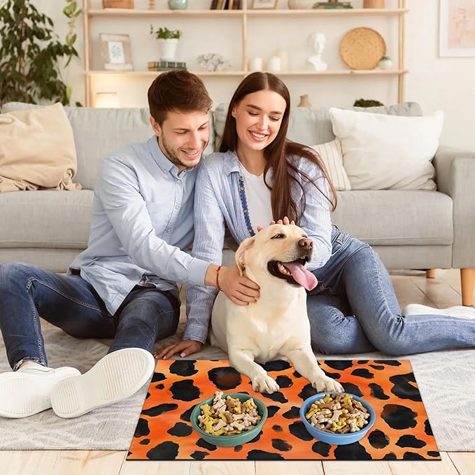 Leopard Print Dog Food Mat for Floors Absorbent Dog Bowl Mat for Food and Water Dispenser Quick Dry Cat Food Placemat Pet Supplies 17" x 30", Orange Wild Skin