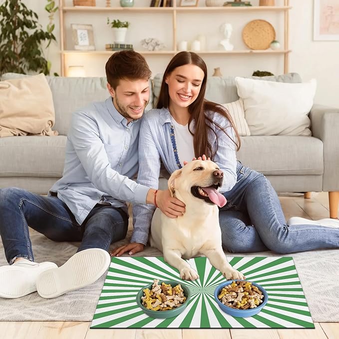 Striped Dog Food Mat for Floors Absorbent, Quick Dry Water Dispenser Mat for Food, Water, Pet Supplies 16" x 24", White Green