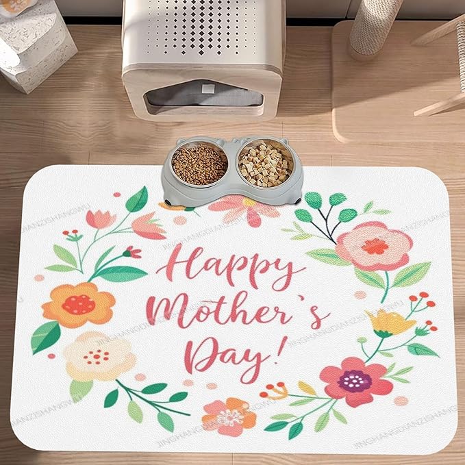 Pet Feeding Mat for Floors Waterproof Dog Mat for Food and Water Happy Mother's Day Floral Gift Mom Ld Absorbent Quick Dry Non Slip Mats Cat Bowls 18X12In