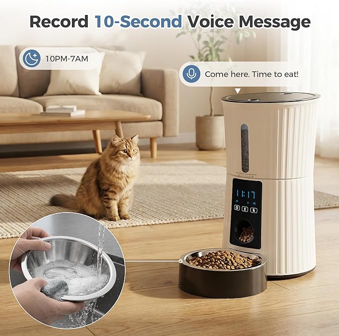 DUMOS Automatic Cat Feeder, 4L Timed Cat Food Dispenser with APP Control, 10s Voice Recorder, Dual Power Supply, 2.4G WiFi Indoor Programmable Pet Feeder with Desiccant for Small Cats and Dogs, White