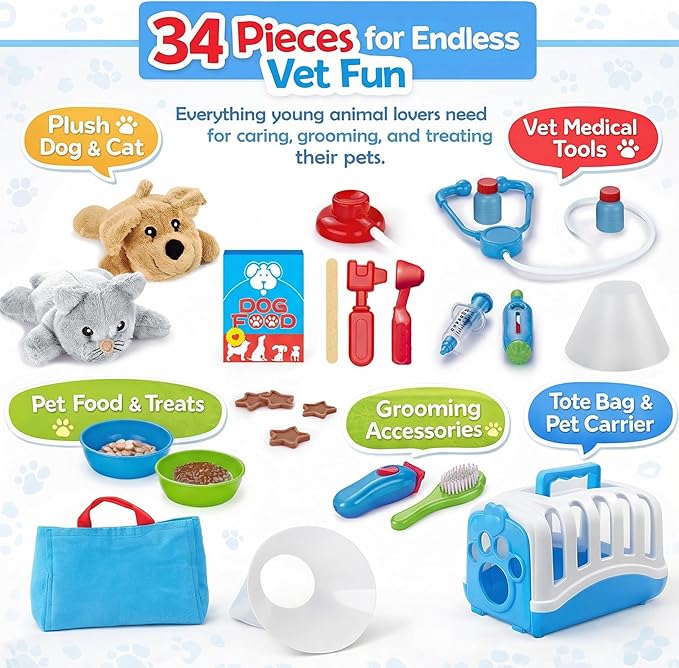 34-Piece Kids Pretend Vet Playset, Veterinarian Role Play Doctor Toy Kit with Plush Dog & Cat, Pet Care Grooming Set with Carrier & Medical Tools