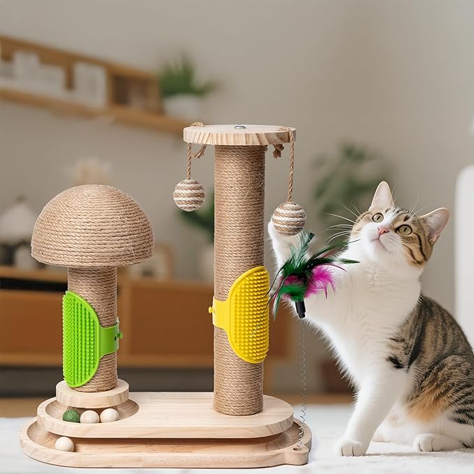 Cat Scratching Post Interactive - 5-in-1 Kitten Scratch Post Self Play Toy, Vertical Scratcher and Self Groomer for Indoor Cats, Small Pet Tree Climbing Tower with Dangling Plush Track Ball