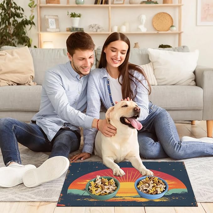 Boho Sunrise Dog Food Mat for Floors Absorbent, Quick Dry Water Dispenser Mat for Food, Water, Pet Supplies 12" x 20", Palm Tree