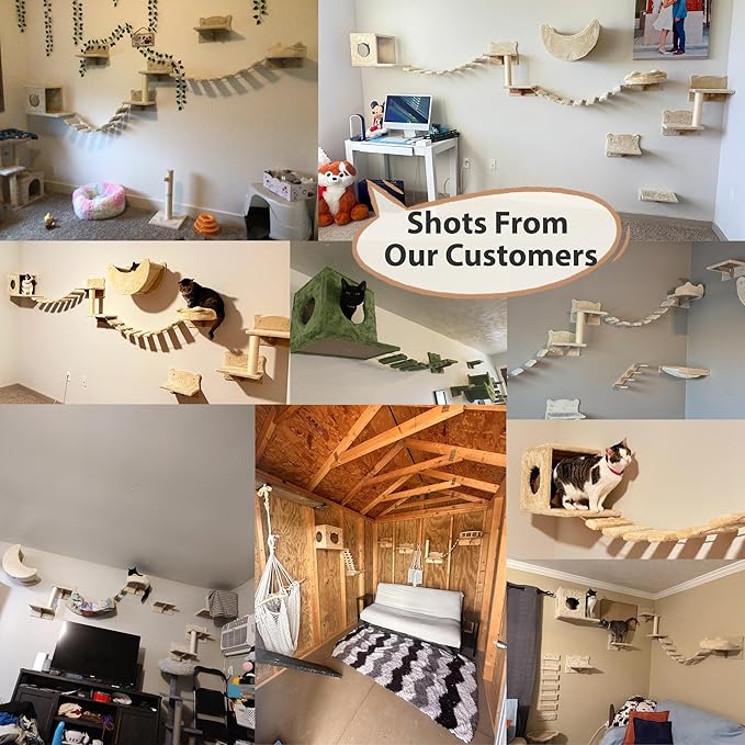 16-in-1 Cat Wall Shelves, Wall Mounted Cats Furniture Set w/Plush Fabric, Cat Climbing Wall Systems, Cats Shelf with 40''L Tunnel, Condos, House, Steps, Bridge Ladder & Scratching Post, Beige