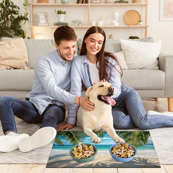 Tropical Beach Dog Food Mat for Floors Absorbent, Quick Dry Water Dispenser Mat for Food, Water, Pet Supplies 12" x 20", Summer Seaside