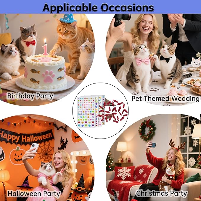 100 pcs Pet Hair Grooming Accessories Gem Stickers with Pet Self Adhesive Gems Rhinestones & 40 pcs Cat Nail Caps, Cat Claw Covers with Adhesives and Applicators for Birthday Party