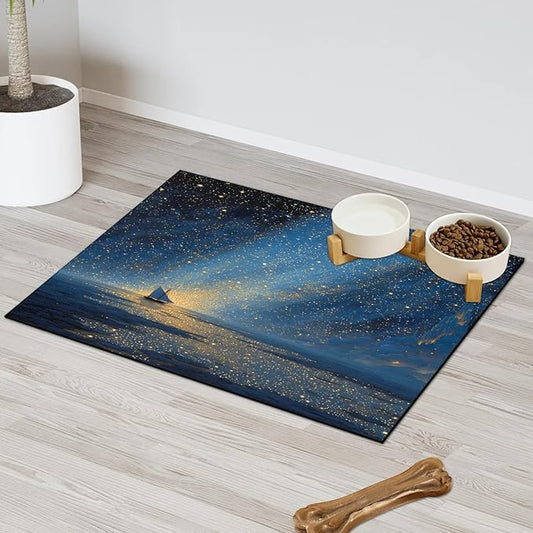 Ocean Beach Dog Food Mat for Floors Absorbent, Quick Dry Water Dispenser Mat for Food, Water, Pet Supplies 16" x 24", Galaxy Star