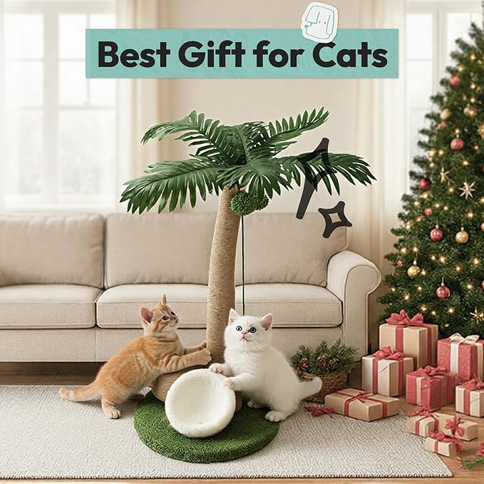 Cat Scratching Post 33 Inch Palm Tree with Hanging Balls and Double Coconut Toys, Cat Scratcher for Indoor Kittens, Extra Stable Base, Paw-Friendly Jute Material M