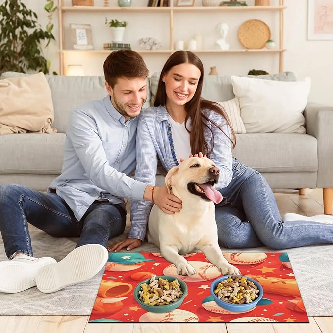 Sports Dog Food Mat for Floors Absorbent, Quick Dry Water Dispenser Mat for Food, Water, Pet Supplies 16" x 24", Baseball