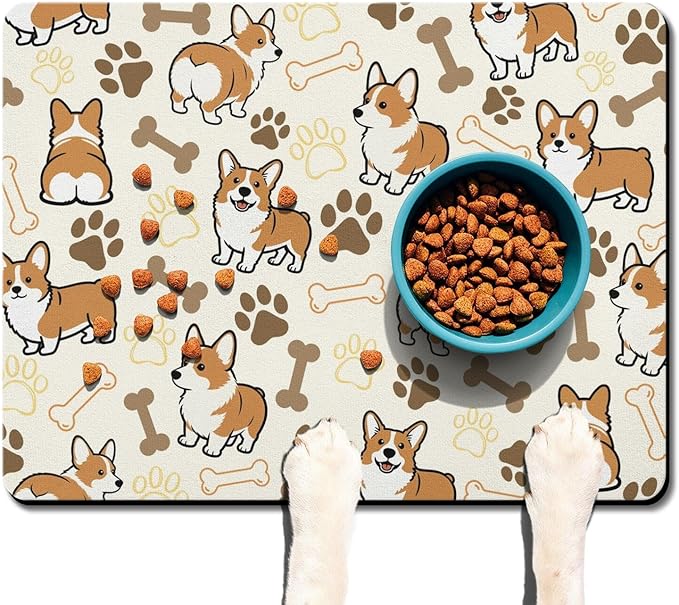 Absorbent Dog Food Mat for Floors, Non-Slip Pet Feeding Mat for Food and Water, Quick Dry Cat Bowl Placemat with Cute Corgi Pattern, No Stains Puppy Water Mat, Pet Supplies (Beige, 24" x 32")