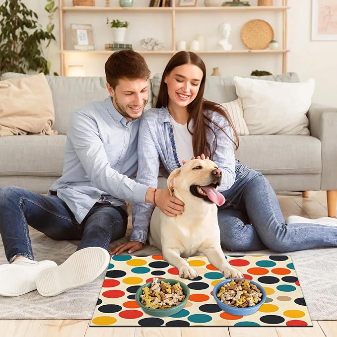 Polka Dot Dog Food Mat for Floors Absorbent Dog Bowl Mat for Food and Water Dispenser Quick Dry Cat Food Placemat Pet Supplies 16" x 24", Red Black Blue
