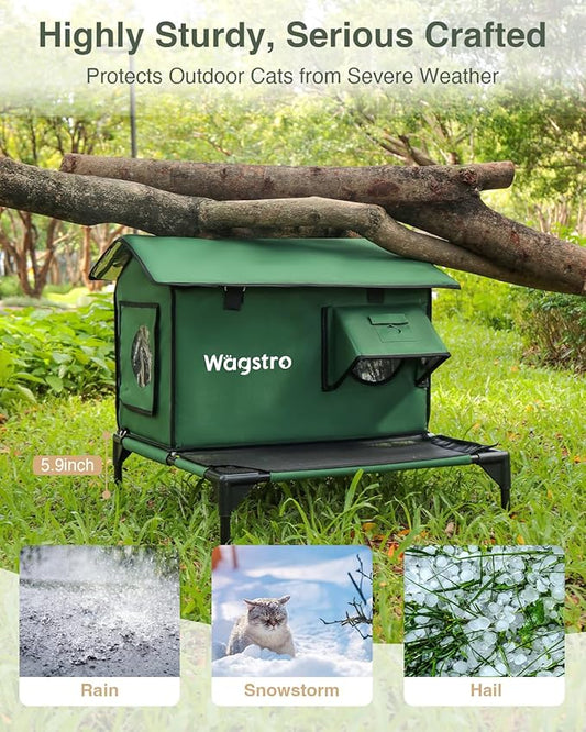 Large Heated Cat House for Outside with Dampless Deck, Highly Elevated, Exit-Only Door, Waterproof Insulated Outdoor Cat Shelter for Feral Stray Barn Cat