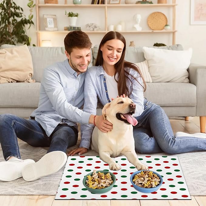 Polka Dots Dog Food Mat for Floors Absorbent Dog Bowl Mat for Food and Water Dispenser Quick Dry Cat Food Placemat Pet Supplies 16" x 24", Circle