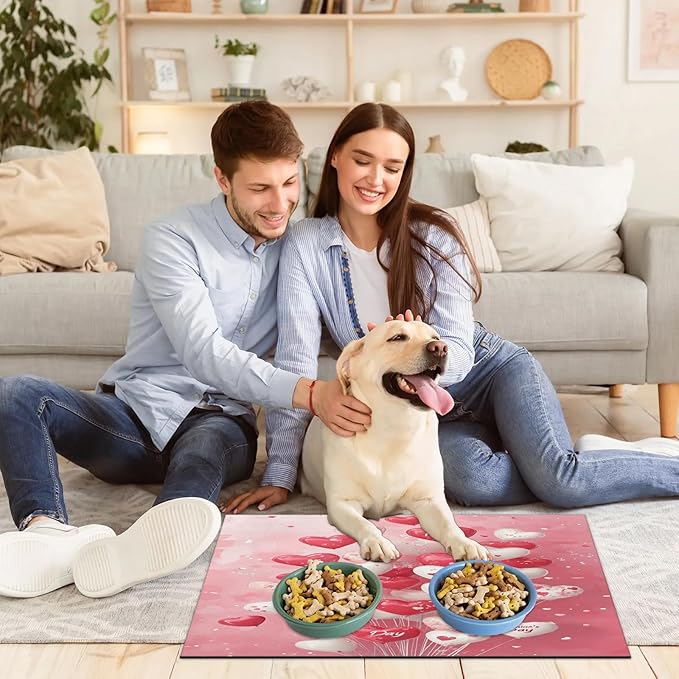 Valentine’s Day Dog Food Mat for Floors Absorbent, Quick Dry Water Dispenser Mat for Food, Water, Pet Supplies 17" x 30", Love Heart Balloons