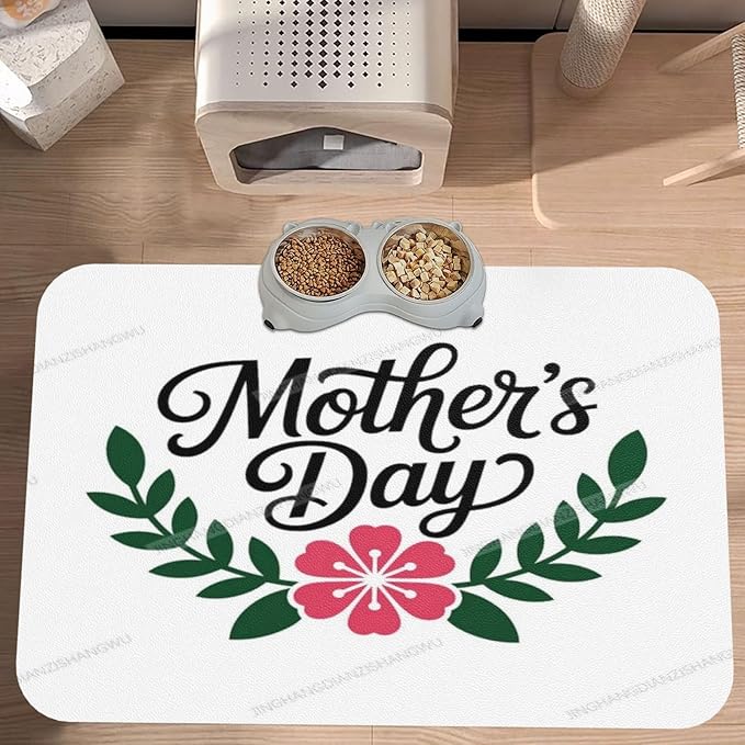 Absorbent Dog Water Cat Mat for Food Water Bowl Quick Dry Happy Mother's Day Floral Gift for Mom Iw Pet Feeding Mats No Stains Dog Food Mat Pet Accessories Supplies Cat Bowl Mats 18X12In