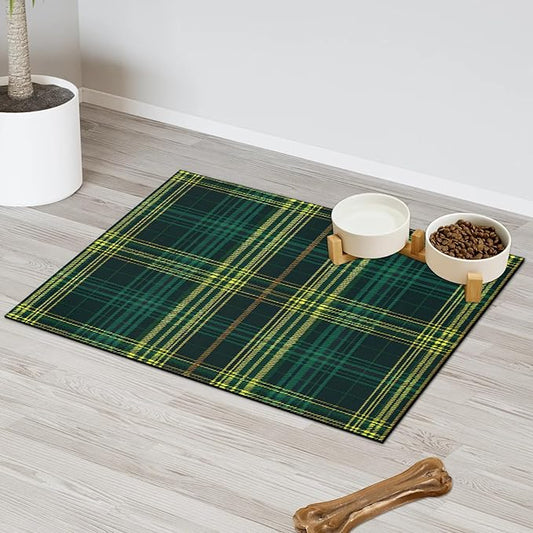 Green Plaid Dog Food Mat for Floors Absorbent, Quick Dry Water Dispenser Mat for Food, Water, Pet Supplies 17" x 30", Buffalo Check