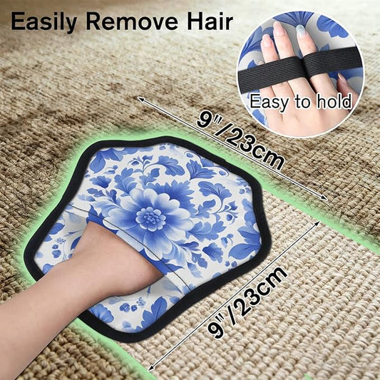 Blue Flower Pattern Electrostatic Pet Hair Removal Glove for Cats & Dogs - Reusable Grooming Mitt for Couch, Carpet, Car Seat & Laundry - Large 9x9 Inch