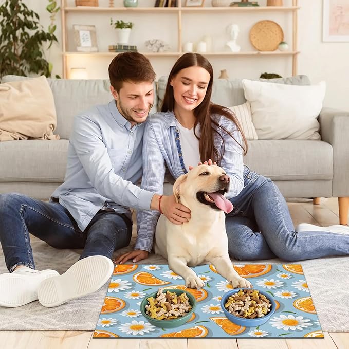 Orange Fruits Dog Food Mat for Floors Absorbent Dog Bowl Mat for Food and Water Dispenser Quick Dry Cat Food Placemat Pet Supplies 12" x 20", Daisy Flowers