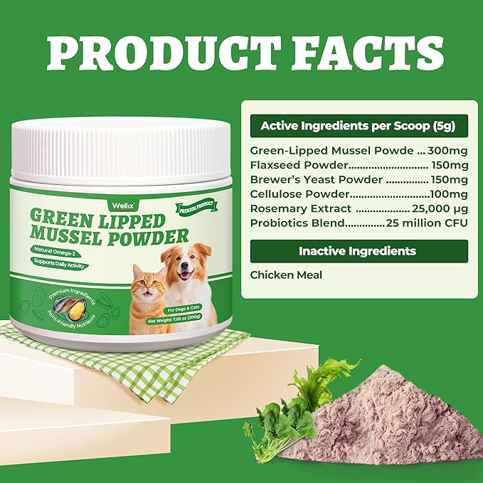 Wellix Green Lipped Mussels for Dogs & Cats-Hip and Joint Supplement for Senior Dogs With Omega 3&Probiotics for Support Hip&Joint Healthy, Anti-Inflammatory Powder for Dogs&Cats Arthritis Pain Relief