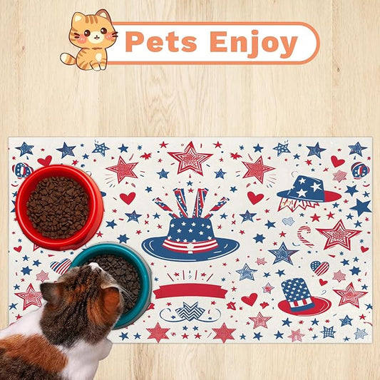 4th of July Dog Food Mat for Floors Absorbent Dog Bowl Mat for Food and Water Dispenser Quick Dry Cat Food Placemat Pet Supplies 17" x 30", American Star