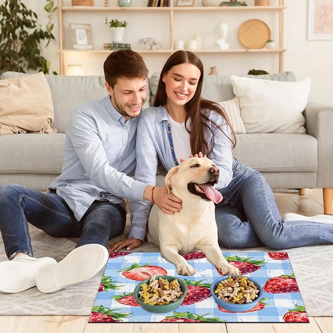 Strawberry Fruit Dog Food Mat for Floors Absorbent Dog Bowl Mat for Food and Water Dispenser Quick Dry Cat Food Placemat Pet Supplies 24" x 32", Buffalo Check