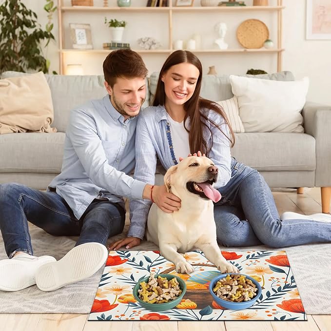 Spring Easter Dog Food Mat for Floors Absorbent Dog Bowl Mat for Food and Water Dispenser Quick Dry Cat Food Placemat Pet Supplies 12" x 20", Flower Egg