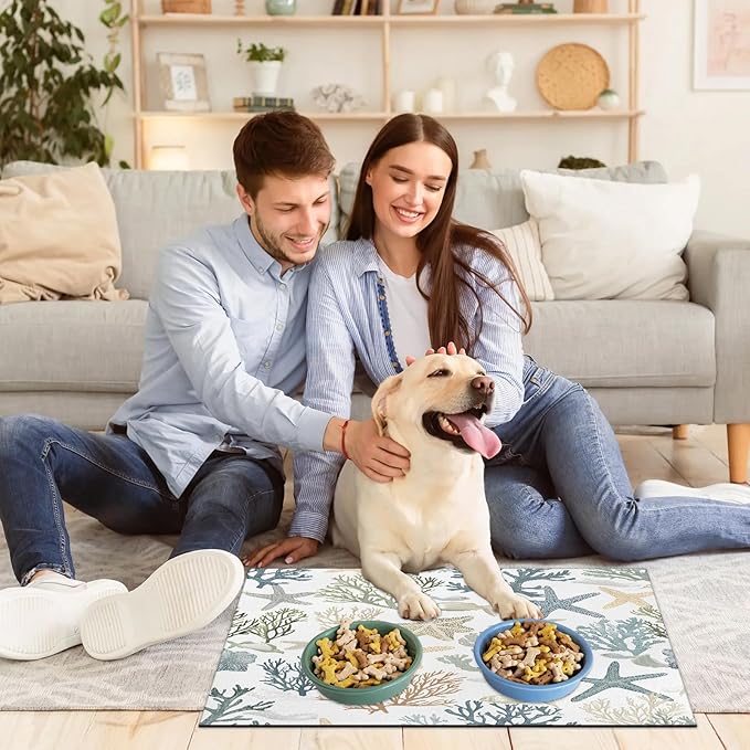 Nautical Coastal Dog Food Mat for Floors Absorbent Dog Bowl Mat for Food and Water Dispenser Quick Dry Cat Food Placemat Pet Supplies 17" x 30", Ocean Beach Starfish