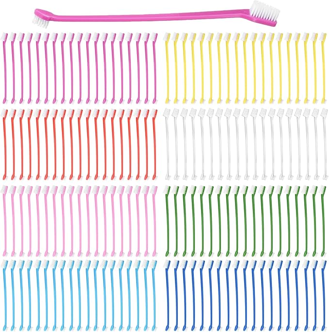 200Pcs Dog Toothbrushes, Dual Headed Dog Tooth Brush Bulk, Long Handle Plastic Pet Toothbrush for Large Small Dogs Cats Puppy Teeth Cleaning Dental Care Supplies 8 Colors