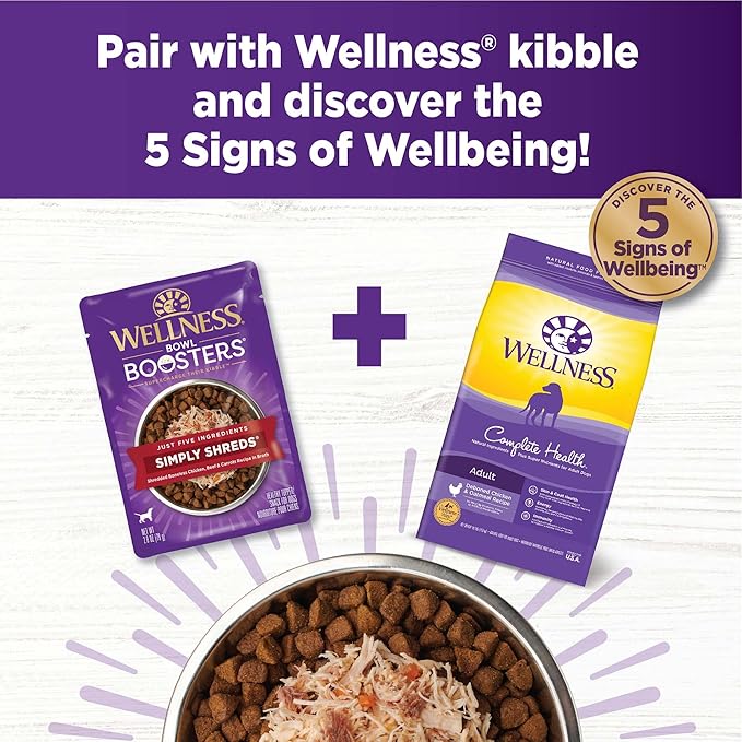 Wellness Bowl Boosters Simply Shreds Wet Dog Food Topper for Small, Medium, & Large Breeds, Grain Free, Natural, Chicken Variety Pack, 2.8 Ounce Pouch (Pack of 12)