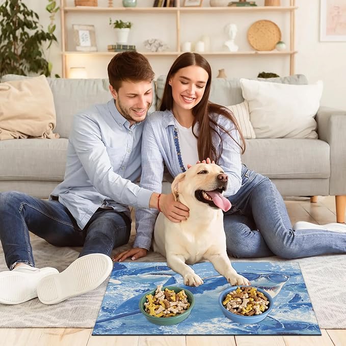 Cool Sharks Dog Food Mat for Floors Absorbent Dog Bowl Mat for Food and Water Dispenser Quick Dry Cat Food Placemat Pet Supplies 24" x 32", Coastal Nautical