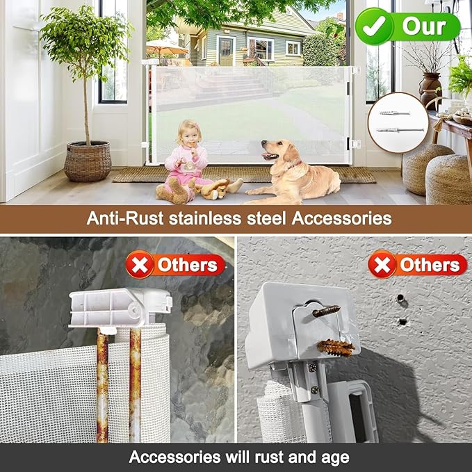 Weatherproof Outdoor Retractable Gate for Dogs with No Rust Screws and Rods, 72" Wide Waterproof Outdoor Dog gate, 6 ft Scratch-Resistant Mesh Safety Retractable Baby Gates for Parents and Pet Owners
