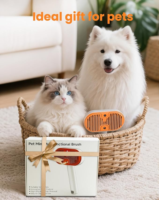 Cat Steam Brush with Waterless Shampoo, 3-in-1 Pet Steam Brush for Dog, Self Cleaning Pet Spray Hair Removal Comb for Long Haired Pets, Cool Mist Only