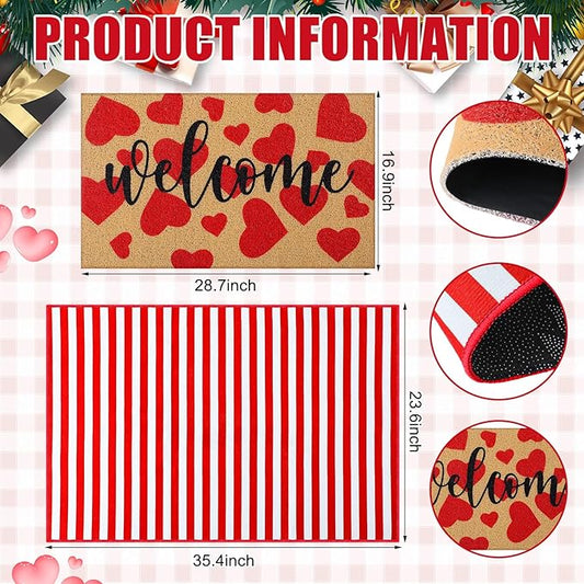 Tinideya 2 Pcs Valentines Welcome Door Mat Heart Outdoor Welcome Mats for Front Door Non Slip Heart Coir Floor Mat Red White Stripe Valentines Rug for Outside Front Porch Entryway Decor