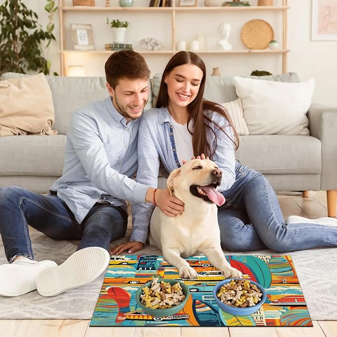 Boho Car Dog Food Mat for Floors Absorbent, Quick Dry Water Dispenser Mat for Food, Water, Pet Supplies 12" x 20", Retro Car