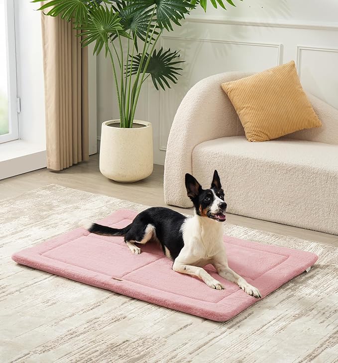 Made4Pets Dog Crate Pad Bed for Large Dogs, Washable & Reversible, Anti-Slip Kennel Mat for Cozy Sleeping, Soft Fluffy Dog Bed for Indoor & Outdoor Use, 44"x32", Pink