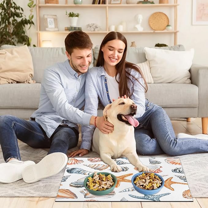 Starfish Seashell Dog Food Mat for Floors Absorbent Dog Bowl Mat for Food and Water Dispenser Quick Dry Cat Food Placemat Pet Supplies 12" x 20", Nautical Coastal
