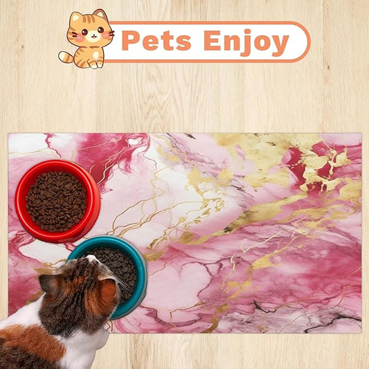 Marble Dog Food Mat for Floors Absorbent, Quick Dry Water Dispenser Mat for Food, Water, Pet Supplies 16" x 24", Pink Gold