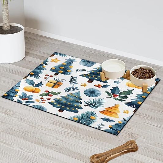 Merry Christmas Dog Food Mat for Floors Absorbent, Quick Dry Water Dispenser Mat for Food, Water, Pet Supplies 12" x 20", Pine Tree
