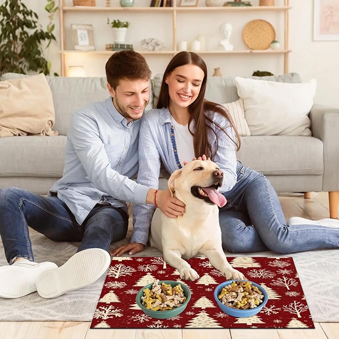 Xmas Tree Dog Food Mat for Floors Absorbent, Quick Dry Water Dispenser Mat for Food, Water, Pet Supplies 12" x 20", Christmas Snowflakes