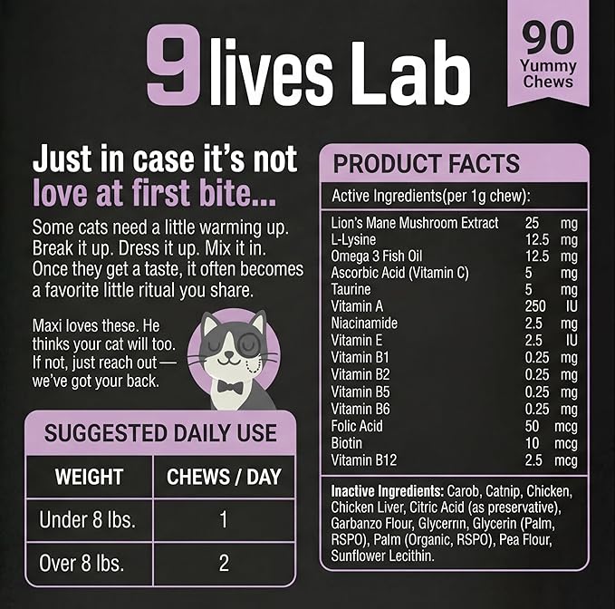 Human-Grade Cat Multivitamin | 15-in-1 Cat Vitamins for Indoor Cats + Taurine + Fish Oil + L-lysine + Lion's Mane | Feline Vitamins and Supplements | 45 Day Supply of Soft Chews