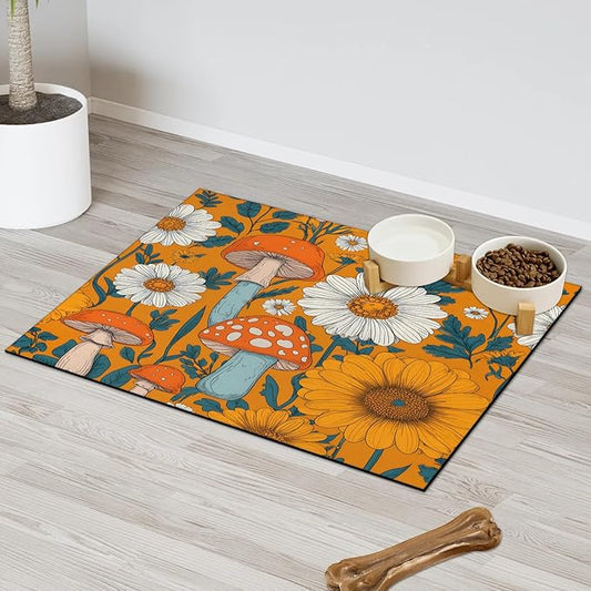 Mushroom Dog Food Mat for Floors Absorbent Dog Bowl Mat for Food and Water Dispenser Quick Dry Cat Food Placemat Pet Supplies 24" x 32", Daisy Flower