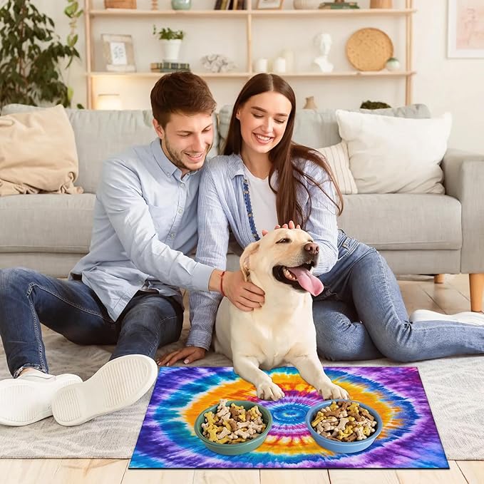 Tie Dye Dog Food Mat for Floors Absorbent, Quick Dry Water Dispenser Mat for Food, Water, Pet Supplies 12" x 20", Watercolor Abstract